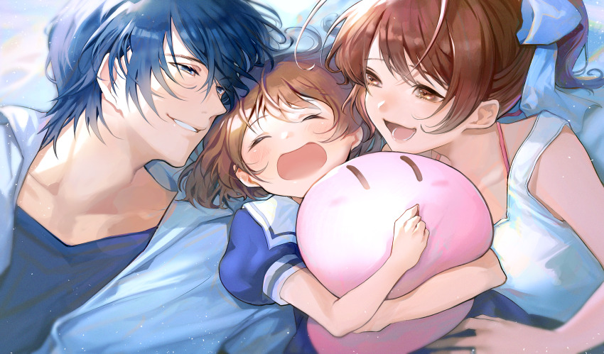 antenna_hair blue_eyes blue_hair blue_shirt bow brown_eyes brown_hair child clannad dango_daikazoku dress furukawa_nagisa highres holding holding_stuffed_toy key_(company) light_blush okazaki_tomoya okazaki_ushio open_mouth ponytail riz3 sailor_dress school_uniform shirt short_hair smile stuffed_toy white_bow white_shirt