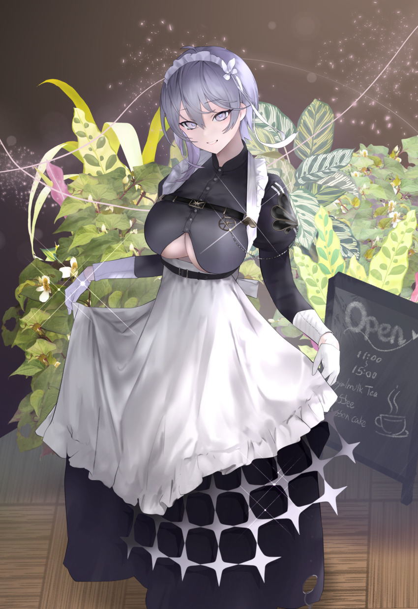 1girl apron azur_lane bellona_(armed_to_clean)_(azur_lane) bellona_(azur_lane) bii_bii_(bronzeii002) black_dress breasts chest_belt clothes_lift clothing_cutout collared_dress commentary dress dress_lift full_body gloves grey_eyes grey_hair hair_between_eyes half_gloves highres juliet_sleeves large_breasts long_sleeves looking_at_viewer maid maid_apron maid_headdress menu_board official_alternate_costume parted_lips puffy_sleeves shadow short_hair sidelocks smile solo standing underboob underboob_cutout underbust white_gloves wooden_floor