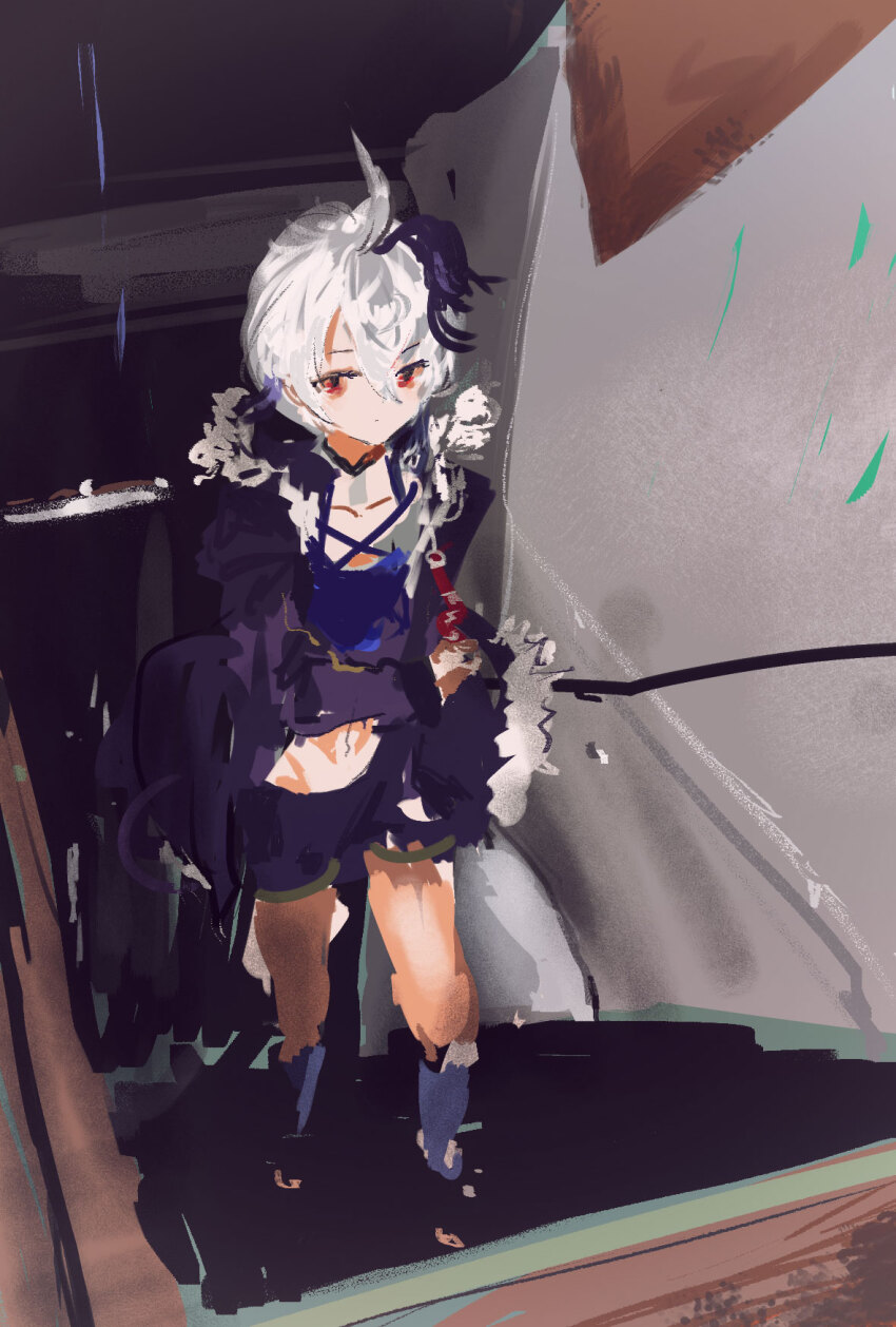 1girl ahoge black_choker blue_shirt boots choker closed_mouth commentary_request cropped_shirt flower_(gynoid_talk) flower_(vocaloid) from_above fur-trimmed_jacket fur_trim gynoid_talk highres jacket kabuyama_kaigi knee_boots long_sleeves looking_at_viewer looking_up multicolored_hair on_stairs open_clothes open_jacket purple_hair purple_jacket purple_shorts red_eyes shirt short_hair short_shorts shorts solo standing streaked_hair vocaloid white_hair