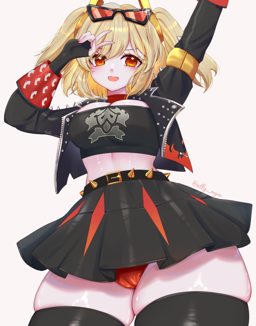1girl :d arm_up belt black_belt black_gloves black_jacket black_skirt black_thighhighs blonde_hair breasts burnice_white choker cleavage cowboy_shot crop_top eyewear_on_head fingerless_gloves gloves highres jacket large_breasts legs_together looking_at_viewer midriff miniskirt open_mouth panties red-tinted_eyewear red_choker red_eyes red_panties shiny_clothes shiny_skin short_hair short_twintails sillymyne simple_background skin_tight skirt smile solo spiked_belt standing sunglasses themed_clothing themed_panties themed_underwear thick_thighs thighhighs thighs tinted_eyewear twintails twitter_username underwear upskirt v white_background zenless_zone_zero