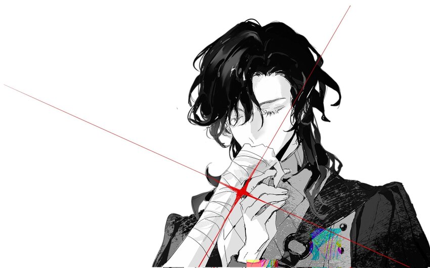 1boy bandaged_arm bandages buttons cape chest_strap closed_eyes corrupted_twitter_file highres identity_v kiss kissing_hand lasiven long_hair long_sleeves male_focus out_of_frame partially_colored puff_and_slash_sleeves puffy_sleeves richard_sterling solo upper_body