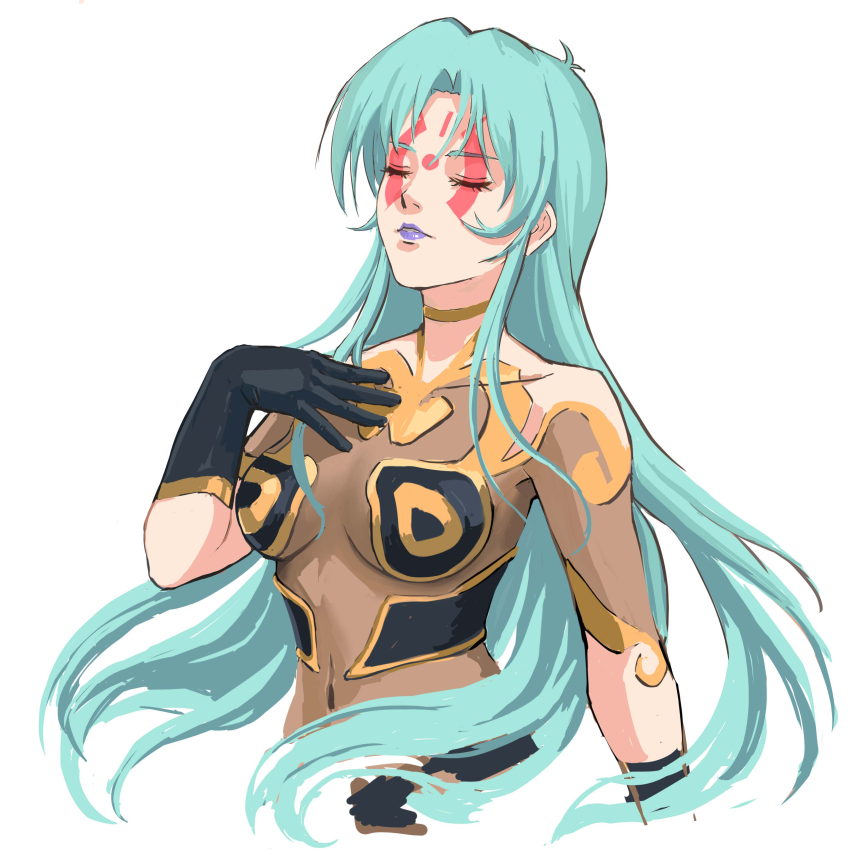 1girl absurdres alien aqua_hair bodysuit breasts closed_eyes facial_tattoo gloves hand_on_own_chest highres ishtar_(macross) macross macross_2 mardook medium_breasts miclone nekkikamille purple_lips science_fiction sketch tattoo upper_body