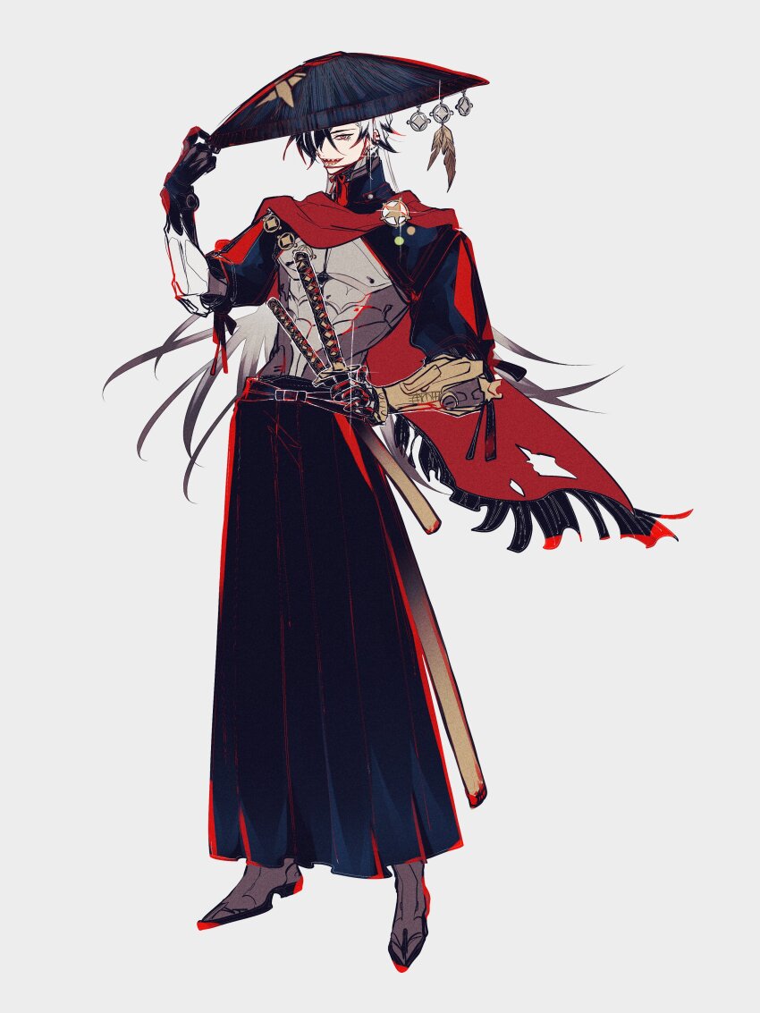 1boy absurdres black_hair boothill_(honkai:_star_rail) commentary_request cyborg full_body grey_background grey_hair hakama hat highres holding holding_sword holding_weapon honkai:_star_rail honkai_(series) japanese_clothes jingasa katana long_hair looking_at_viewer male_focus samurai sharp_teeth simple_background solo sword teeth u_5ham0 weapon