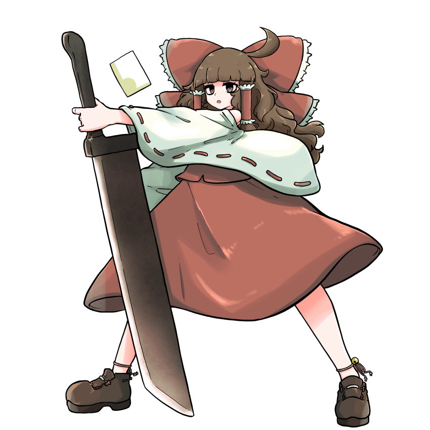 1girl absurdres ahoge bow brown_eyes brown_hair brown_shoes commentary_request cookie_(touhou) detached_sleeves frilled_bow frilled_hair_tubes frills full_body hair_bow hair_tubes hakurei_reimu highres holding holding_sword holding_weapon long_hair looking_at_viewer muimui_(4242564muimui) open_mouth red_bow red_shirt red_skirt ribbon-trimmed_sleeves ribbon_trim shirt shoes simple_background skirt skirt_set sleeveless sleeveless_shirt solo sword touhou weapon white_background white_sleeves yamato_(cookie)