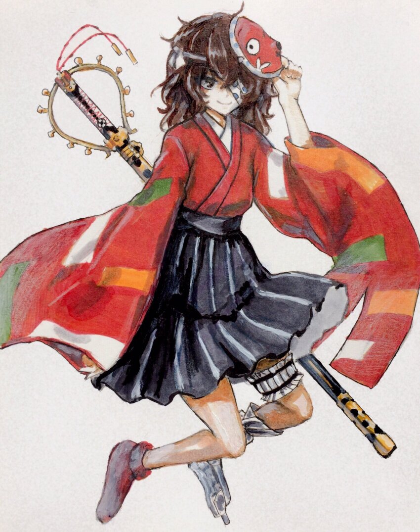 1other ametsukana_yago androgynous bandage_over_one_eye black_hakama brown_eyes brown_hair closed_mouth colored_pencil_(medium) commentary_request crossed_bangs hakama hakama_skirt hand_on_mask hemo_(hemoroda) highres hyottoko_mask japanese_clothes kimono len&#039;en long_sleeves mask mask_on_head medium_hair other_focus red_kimono simple_background skirt smile solo traditional_media wavy_hair white_background wide_sleeves