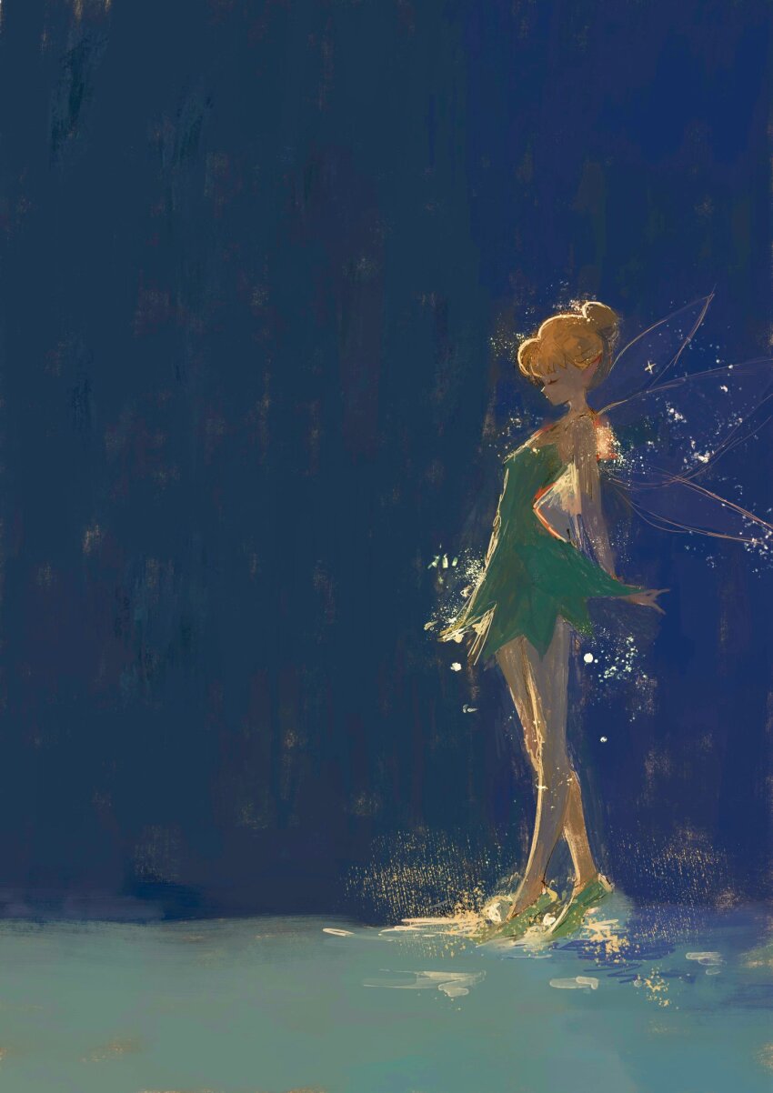 1girl blonde_hair closed_eyes closed_mouth disney dress fairy fairy_wings fuyumurasaki green_dress green_footwear hair_bun highres painterly pointy_ears short_hair single_hair_bun solo strapless tinker_bell_(disney) wings