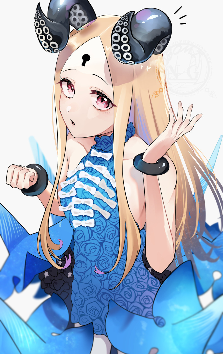1girl abigail_williams_(fate) abigail_williams_(fgo_fes._2025)_(fate) absurdres bare_arms bare_shoulders black_horns blonde_hair blue_dress blue_eyes breasts curled_horns demon_girl demon_horns dress eyeliner fate/grand_order fate_(series) forehead highres horns keyhole kubomi_943 long_hair looking_at_viewer makeup open_mouth parted_bangs simple_background skin-covered_horns sleeveless sleeveless_dress small_breasts solo standing strapless strapless_dress very_long_hair white_background
