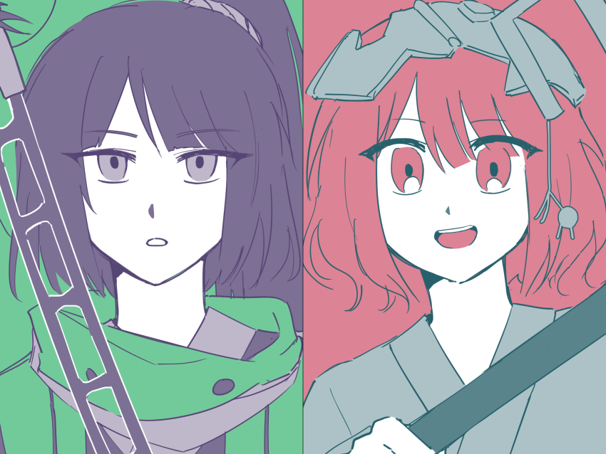 2others adagumo_no_yaorochi androgynous black_hair black_kimono blue_kimono blunt_bangs commentary dot_nose double-parted_bangs expressionless eyelashes flat_color green_background green_jacket green_scarf grey_eyes grey_scarf grey_scrunchie hair_between_eyes hair_ornament hair_scrunchie hangman_(game) happy high_side_ponytail highres holding holding_sword holding_toy holding_weapon jacket japanese_clothes jinbaori katano_sukune kimono len&#039;en limited_palette long_hair multiple_others open_mouth other_focus pale_skin parted_lips prehensile_tail re1re133 red_background red_eyes red_hair scarf scrunchie short_hair smile snake_tail straight-on sword sword_of_kusanagi tail tasouken teeth toy two-tone_background upper_body upper_teeth_only weapon