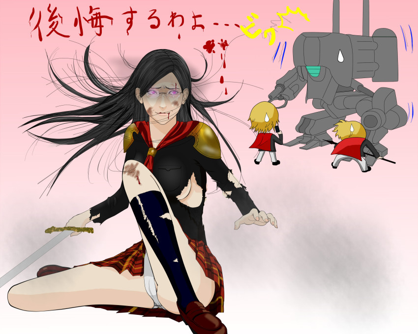 1girl 2boys ace_(fft-0) angry artist_request battle black_hair blonde_hair blood blood_in_mouth breasts broken_eyewear cape card dirty final_fantasy final_fantasy_type-0 glowing glowing_eyes gradient_background highres lips long_hair mecha messy_hair multiple_boys nine_(fft-0) panties purple_eyes queen_(fft-0) robot scared short_hair sitting skirt smile sweatdrop sword torn_clothes translation_request underwear weapon white_panties yandere