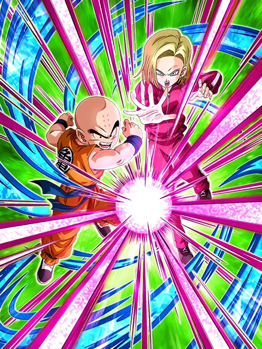 android_18 couple dokkan_battle dragon_ball dragon_ball_super highres husband_and_wife ki_blast kuririn official_art