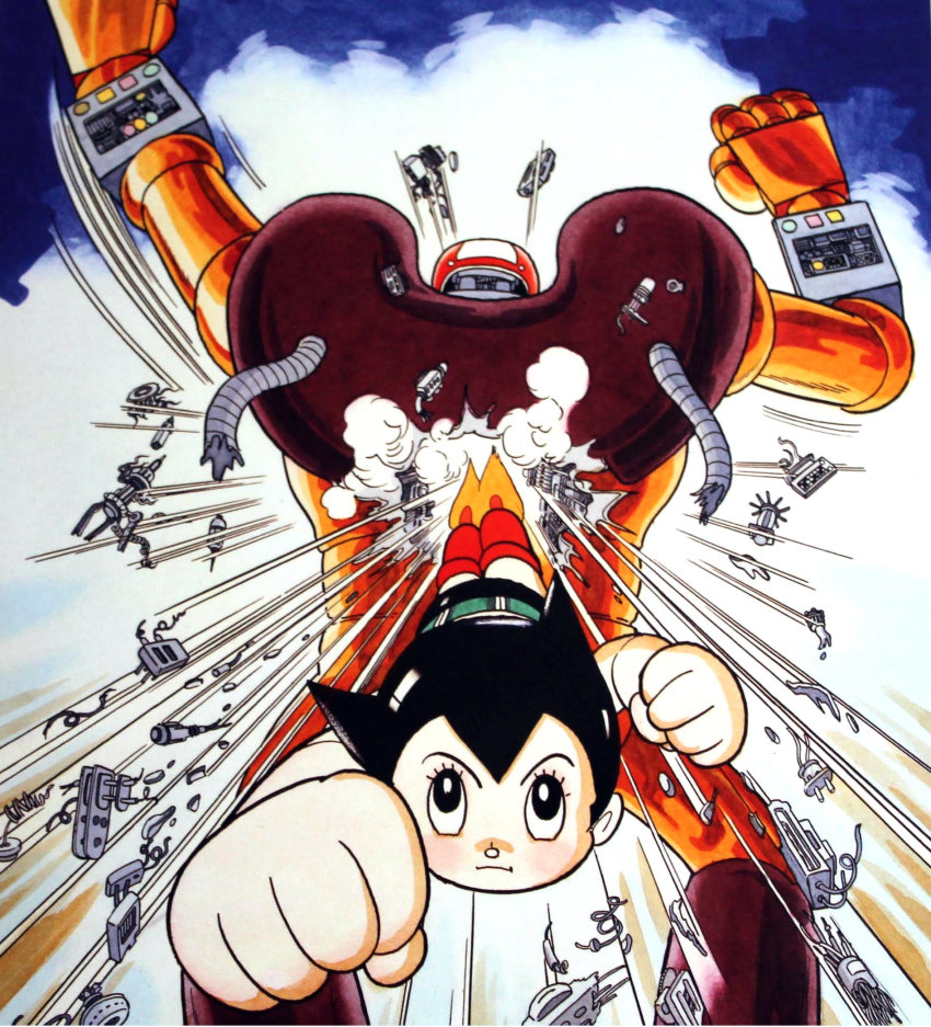 1950s_(style) 1960s_(style) 1boy android atom_(tetsuwan_atom) battle black_eyes black_hair cable child circuits clenched_hand cloud cover cover_page debris destruction duel eyelashes flying good_end highres hose ink_(medium) looking_at_viewer machinery manga_cover mecha motion_lines official_style oldschool perspective pointy_hair retro_artstyle robot scan science_fiction serious smoke tetsuwan_atom textless_version tezuka_osamu thrusters traditional_media wreckage