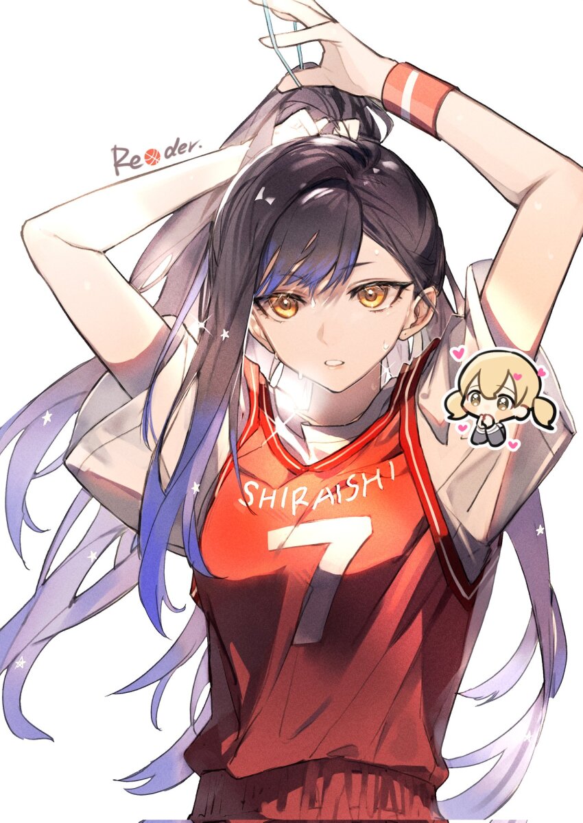 2girls adjusting_hair azusawa_kohane black_hair blue_hair character_name chibi chibi_inset hair_between_eyes hair_tie highres holding holding_hair_tie jersey jingzhaowhale long_hair looking_at_viewer multicolored_hair multiple_girls open_mouth orange_eyes parted_bangs ponytail project_sekai red_shirt red_shorts shiraishi_an shirt short_sleeves shorts sidelocks simple_background solo_focus teeth two-tone_hair upper_body white_background