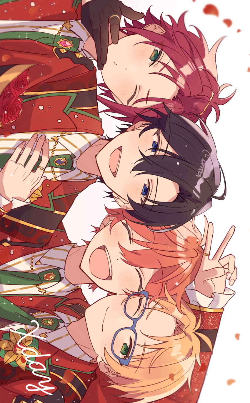 4boys absurdres akehoshi_subaru black_gloves black_hair blonde_hair blowing_kiss blue-framed_eyewear blue_eyes closed_eyes english_text ensemble_stars! falling_petals glasses gloves green_eyes green_necktie hair_between_eyes half_updo hand_on_own_chest hidaka_hokuto highres isara_mao jacket looking_at_viewer multiple_boys necktie official_alternate_costume one_eye_closed open_mouth orange_hair parted_bangs petals pinstripe_pattern pinstripe_shirt red_hair red_jacket red_petals shirt short_hair sideways simple_background smile teeth trickstar_(ensemble_stars!) upper_body upper_teeth_only v white_background yuuki_makoto_(ensemble_stars!) zu_tonatuyasumi