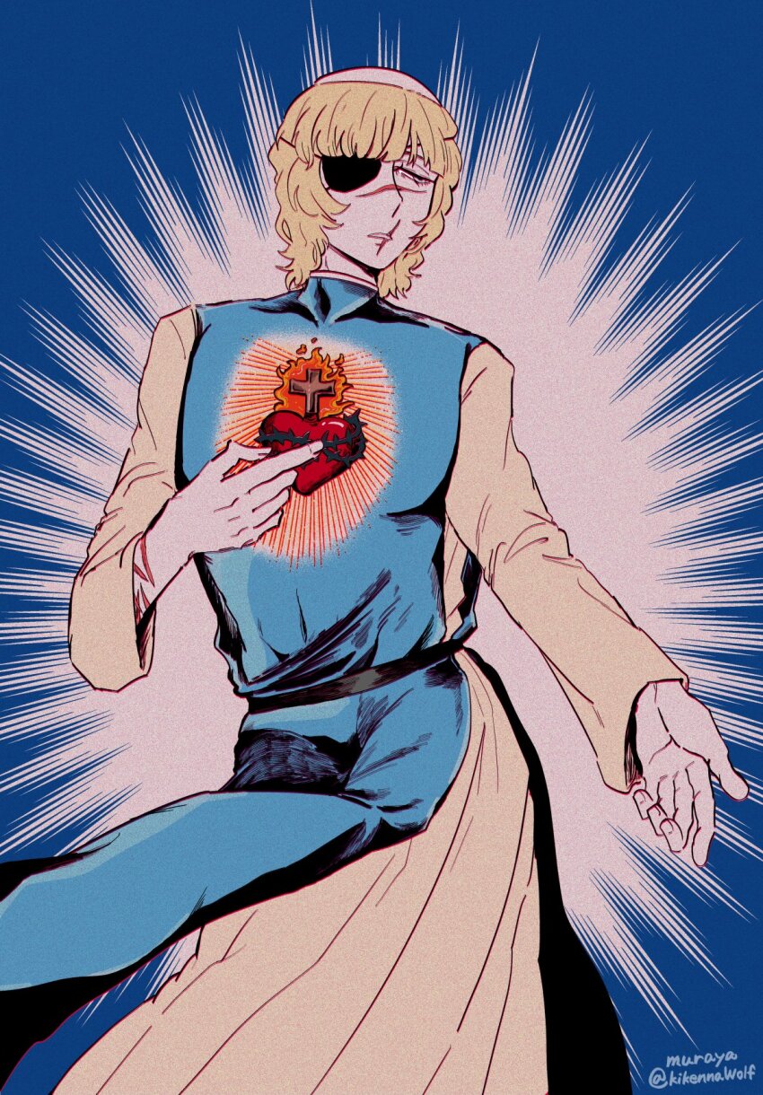 1boy artist_name badeni blonde_hair blue_background blue_tunic chi.:_chikyuu_no_undou_ni_tsuite cowboy_shot eyepatch half-closed_eyes highres kikennawolf long_sleeves male_focus medium_hair monk parted_lips robe scar scar_on_face scar_on_mouth scar_on_nose solo tonsure tunic twitter_username white_robe
