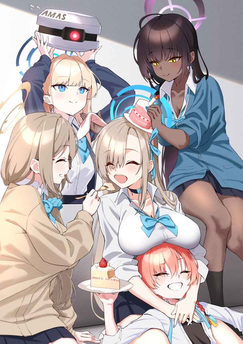 5girls absurdres ahoge akane_(blue_archive) akane_(school_uniform)_(blue_archive) asuna_(blue_archive) asuna_(school_uniform)_(blue_archive) asymmetrical_bangs blonde_hair blue_archive blue_bow blue_bowtie blue_cardigan blue_eyes blue_halo blue_nails blue_ribbon bow bowtie braid breasts brown_cardigan brown_hair cardigan choker cleaning_&amp;_clearing_(blue_archive) dark-skinned_female dark_skin food glasses hair_between_eyes hair_over_one_eye halo highres karin_(blue_archive) karin_(school_uniform)_(blue_archive) large_breasts long_hair long_sleeves mole mole_under_eye multiple_girls neru_(blue_archive) neru_(school_uniform)_(blue_archive) orange_hair pleated_skirt purple_halo ribbon sayu_mypace school_uniform scrunchie shirt single_braid skirt toki_(blue_archive) toki_(school_uniform)_(blue_archive) white_shirt