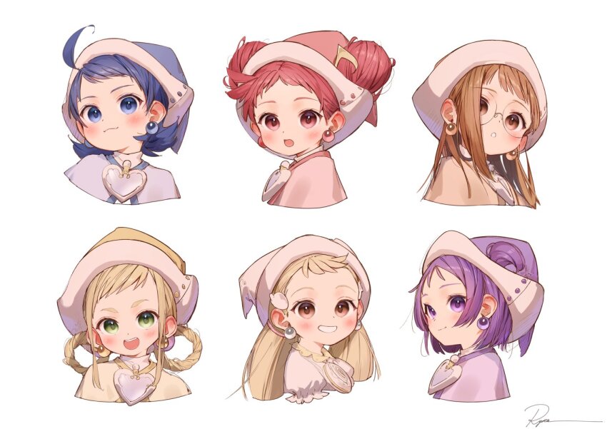 6+girls ahoge asuka_momoko blonde_hair blue_capelet blue_eyes blue_hair blue_hat braid braided_hair_rings brooch brown_capelet brown_eyes brown_hair capelet cropped_shoulders double_bun earrings fortissimo fujiwara_hazuki glasses green_eyes grin hair_bun hair_ornament hair_rings hair_through_headwear harukaze_doremi hat heart heart_brooch jewelry long_hair magical_girl makihatayama_hana medium_hair multiple_girls musical_note musical_note_hair_ornament ojamajo_doremi one_side_up pink_capelet pink_hat purple_capelet purple_eyes purple_hair purple_hat red_eyes red_hair round_eyewear ryota_(ry_o_ta) segawa_onpu senoo_aiko shirt short_hair single_sidelock smile sphere_earrings twintails white_shirt wing_hair_ornament witch_hat yellow_capelet yellow_hat