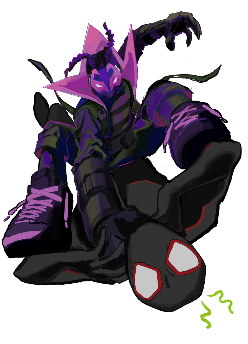 2boys braid claws commentary_request cornrows dual_persona duel high_collar highres male_focus marvel mask miles_g._morales miles_morales multiple_boys prowler_(marvel) shoes simple_background sneakers spider-man:_across_the_spider-verse spider-man_(miles_morales) spider-man_(series) spider-verse strangling superhero_costume tami_tome_mo twin_braids white_background