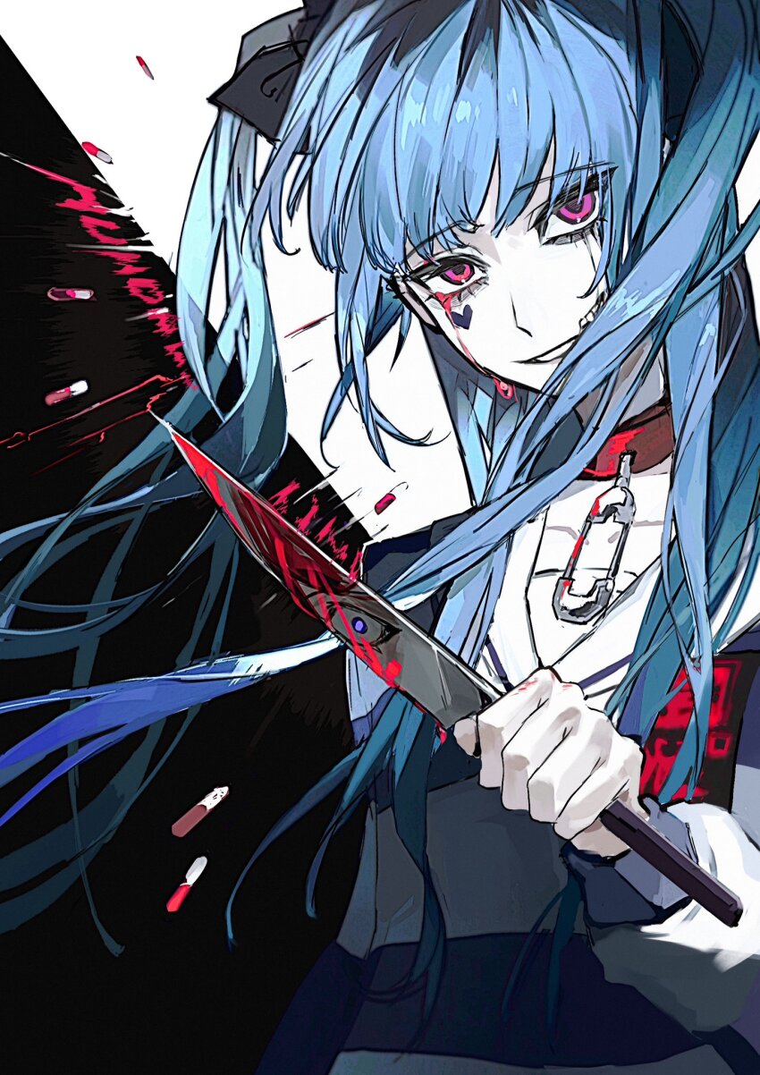 1boy 1girl amemiya_darumi black_background black_bow black_hair blood bloody_tears blue_hair bow collar female_focus heart highres holding holding_knife knife long_sleeves looking_at_viewer multicolored_hair pink_eyes red_collar red_hair reflection safety_pin shirt striped_clothes striped_shirt sumino_takumi the_hundred_line_-last_defense_academy- twintails voltmeter_f white_background