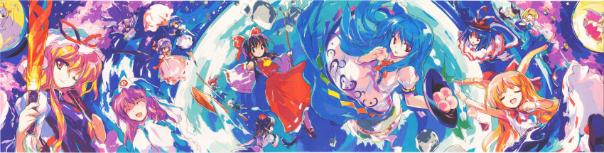 6+girls absurdres alice_margatroid alphes animal_ears blonde_hair boat dress food fruit hakurei_reimu hat highres hinanawi_tenshi horns ibuki_suika izayoi_sakuya kirisame_marisa konpaku_youmu mob_cap multiple_girls nagae_iku official_art onozuka_komachi patchouli_knowledge peach rabbit_ears reisen_udongein_inaba remilia_scarlet saigyouji_yuyuko shameimaru_aya sword touhou umbrella watercraft weapon yakumo_yukari