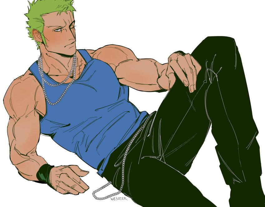 1boy artist_name black_pants blue_tank_top chain closed_mouth green_hair hashtag-only_commentary highres male_focus muscular muscular_male one_eye_closed one_piece pants roronoa_zoro scar scar_across_eye scar_on_face sideburns simple_background solo stitched_torso stitches tank_top wesaier white_background wristband