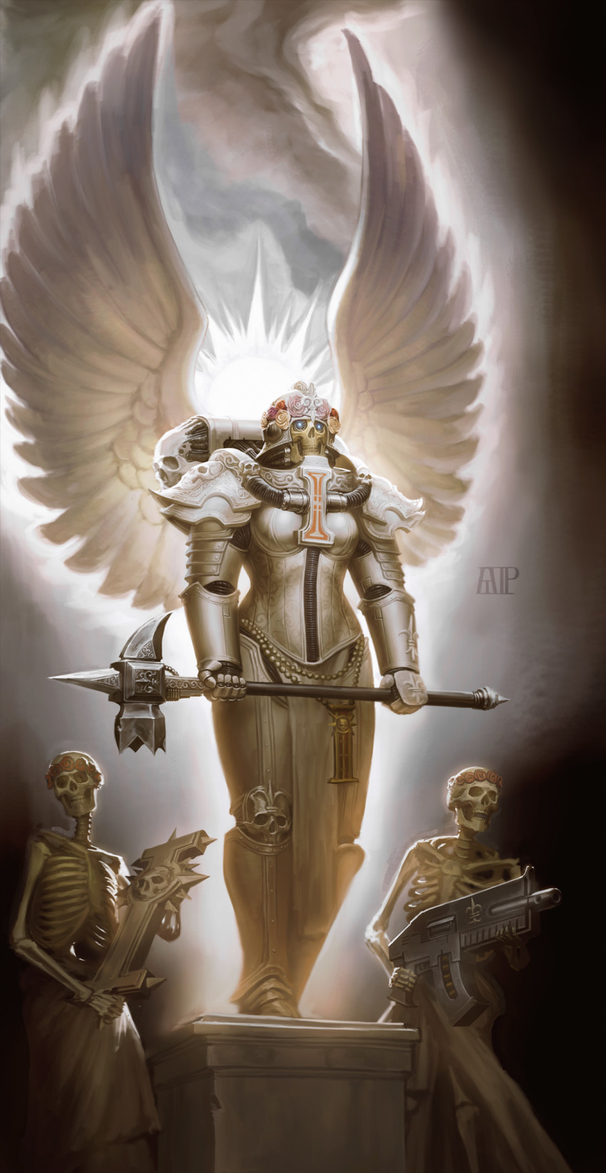 .75_calibre_bolt 3girls adepta_sororitas ammunition angel_wings anti-materiel_cartridge armor bolt_(warhammer_40k) bolter elijah_arhpriest full_armor gun head_wreath helmet high-explosive_cartridge highres living_saint multiple_girls pelvic_curtain rocket-assisted_projectile skeleton skirt war_hammer warhammer_40k watermark weapon white_skirt window_magazine wings