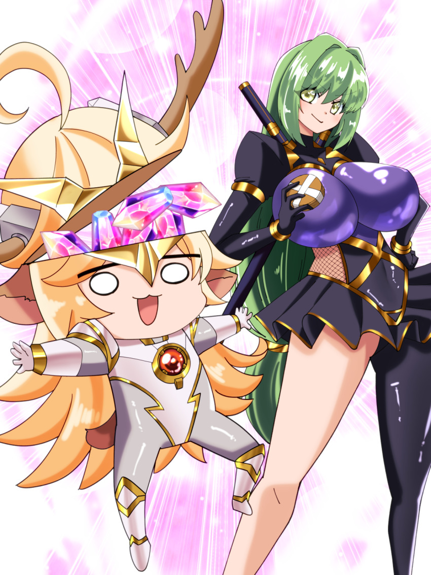 1boy 1girl aishuu_hebiko bodysuit breasts chibi highres huge_breasts leotard long_hair looking_at_viewer revealing_clothes short_hair taimanin_(series) taimanin_rpgx takemikazuchi_(taimanin_series) trap uehara_shikanosuke