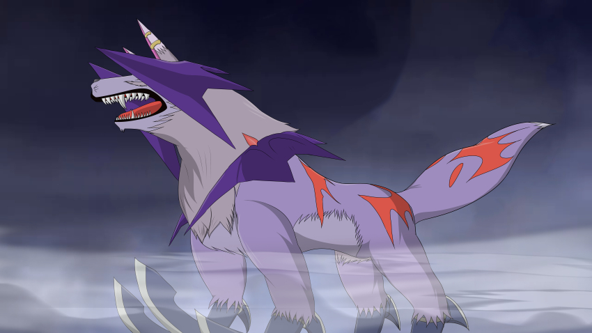 absurdres digimon digimon_(creature) digimon_survive highres sangloupmon sharp_teeth solo tail teeth vampire wings wolf