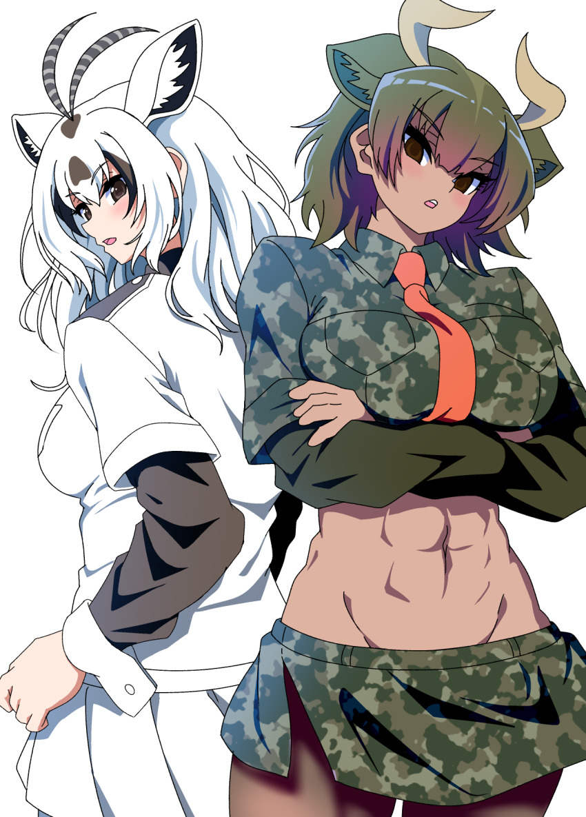 2girls abs animal_ears antenna_hair arabian_oryx_(kemono_friends) arms_at_sides aurochs_(kemono_friends) black_hair brown_eyes brown_hair camouflage camouflage_shirt camouflage_skirt collared_shirt cow_ears cow_girl cow_horns cowboy_shot cropped_shirt crossed_arms dark-skinned_female dark_skin empty_eyes gazelle_ears green_hair groin head_tilt highres horns kemono_friends layered_sleeves long_hair long_sleeves looking_at_viewer lowleg lowleg_skirt mamiyama medium_hair microskirt midriff miniskirt multicolored_hair multiple_girls muscular muscular_female necktie open_mouth pleated_skirt red_necktie shirt short_over_long_sleeves short_sleeves side_slit simple_background skirt stomach toned toned_female two-tone_hair white_background white_hair white_shirt white_skirt wing_collar
