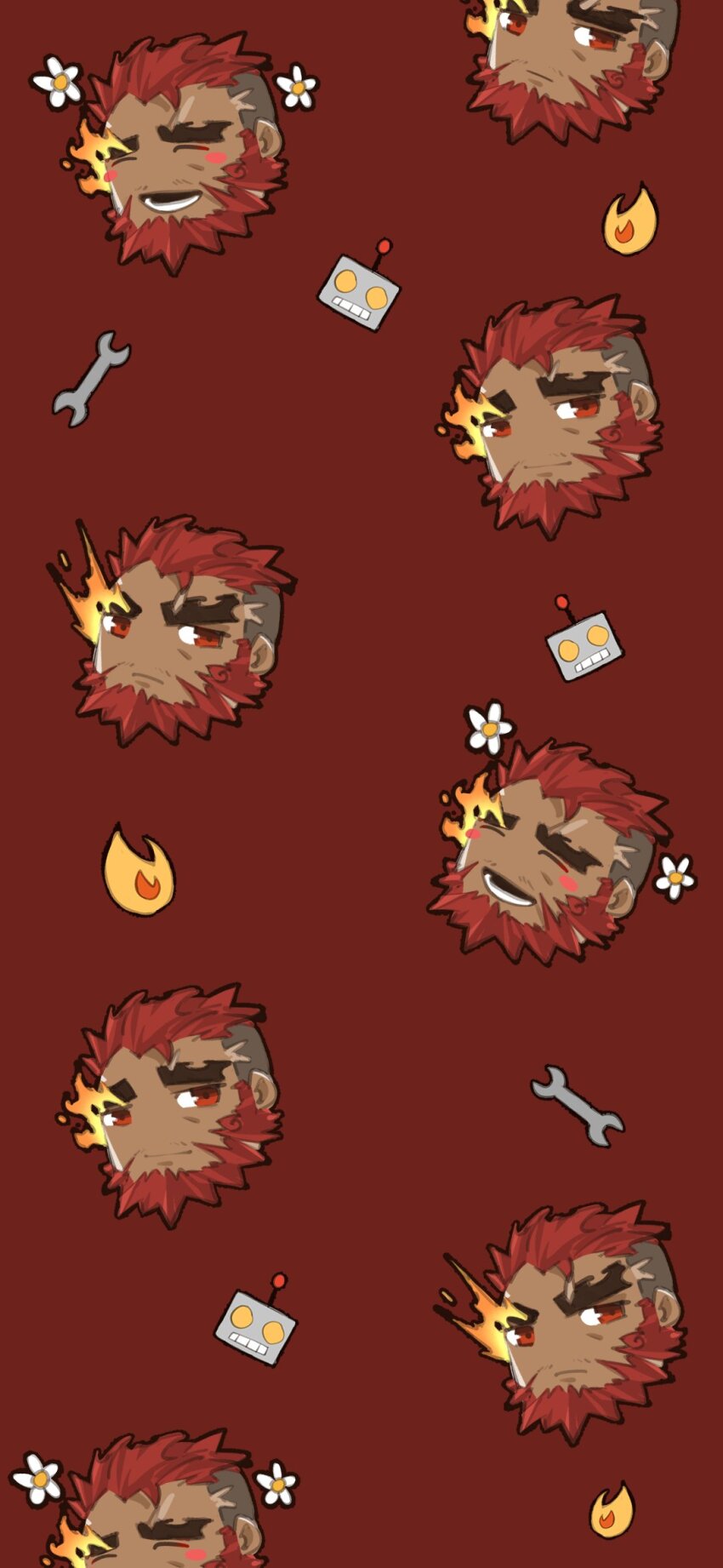 1boy bara beard blush_stickers cropped_head dark-skinned_male dark_skin eyebrow_cut facial_hair flaming_eye flower full_beard happy_aura hephaestus_(housamo) highres huge_eyebrows looking_at_viewer male_focus mature_male nongnakk red_theme robot_emoji scar short_hair single_flame thick_beard tileable tokyo_houkago_summoners very_dark_skin white_flower wrench
