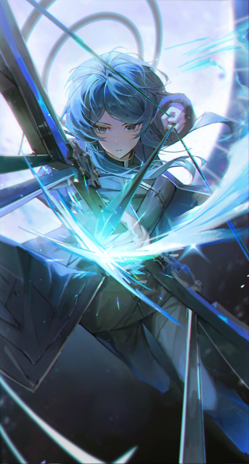 1girl arrow_(projectile) bari_(project_moon) black_jacket black_pants blue_coat blue_eyes blue_hair bow_(weapon) coat ellen6468 highres holding holding_arrow holding_bow_(weapon) holding_weapon jacket limbus_company pants parted_lips project_moon short_hair short_hair_with_long_locks solo weapon