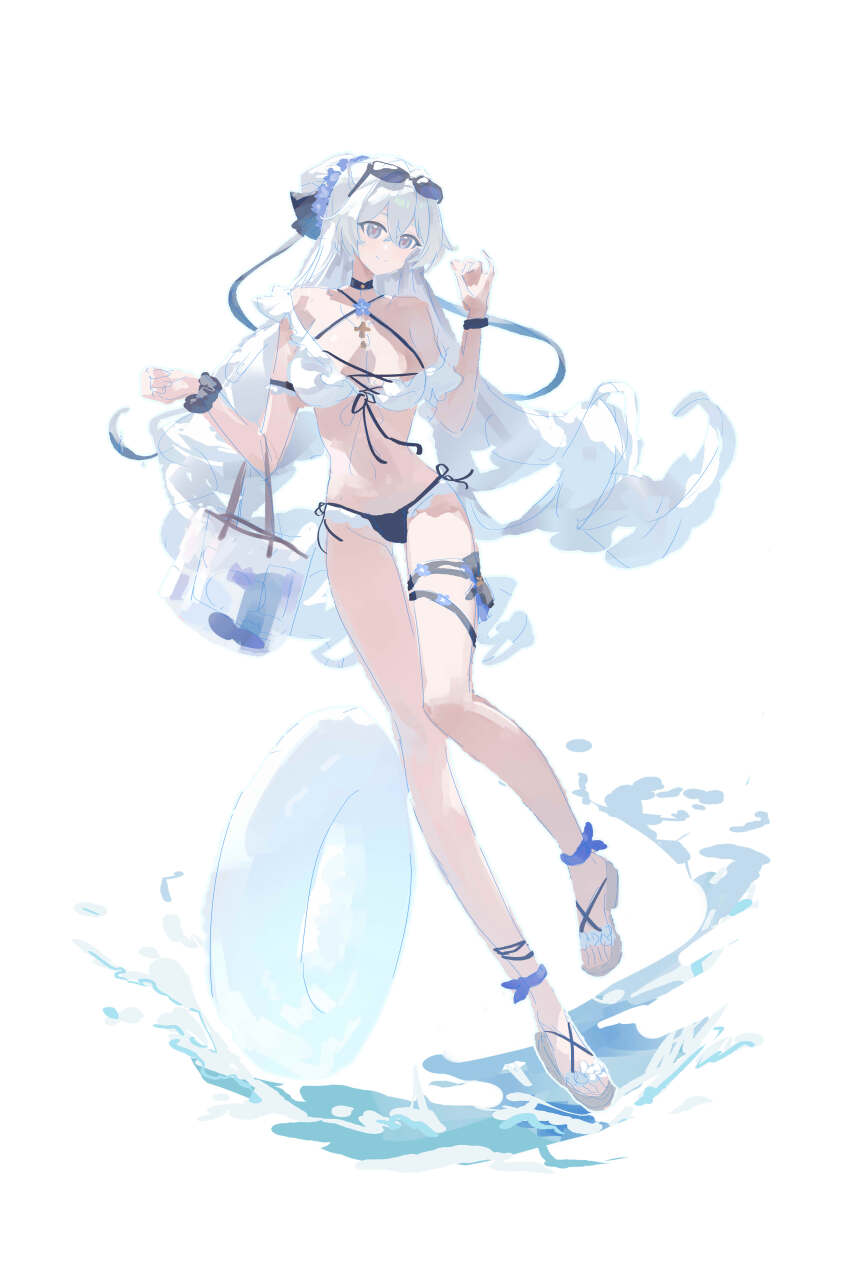 1girl absurdres alternate_costume bag bare_legs bikini black_bikini black_choker breasts bronya_zaychik bronya_zaychik_(silverwing:_n-ex) choker criss-cross_halter cross cross_necklace eyewear_on_head grey_eyes grey_hair halterneck highres holding holding_bag honkai_(series) honkai_impact_3rd innertube jewelry large_breasts legs long_hair mismatched_bikini missing_commentary navel necklace pmg sandals scrunchie simple_background smile solo stomach sunglasses swim_ring swimsuit very_long_hair white_background white_bikini wrist_scrunchie