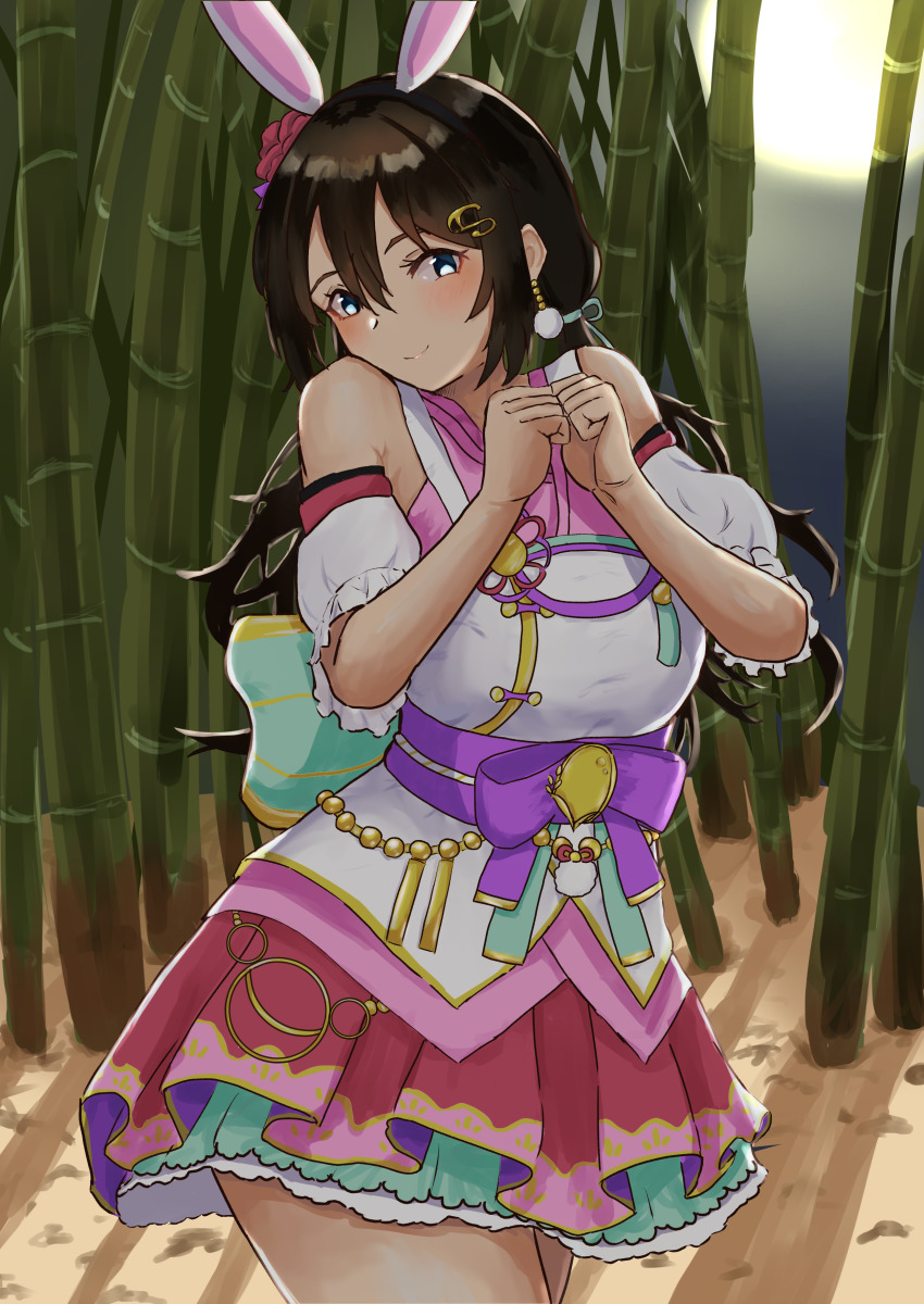 1girl absurdres alternate_hairstyle animal_ears aqua_eyes aqua_ribbon arm_garter arm_ribbon artist_name artist_request back_bow bare_shoulders beach black_headband black_sky blue_eyes blush bow breasts brown_hair clenched_hands cloud crescent_moon_symbol earrings fake_animal_ears female_focus flower flower_knot frilled_skirt frills gem green_bow green_ribbon hair_between_eyes hair_flower hair_ornament hair_ribbon hairclip headband highres japanese_clothes jewelry kimono kimono_skirt layered_skirt long_hair looking_at_viewer love_live! love_live!_nijigasaki_high_school_idol_club love_live!_school_idol_festival love_live!_school_idol_festival_all_stars medium_breasts miniskirt moon moon_festival_rabbit_(love_live!) night night_sky obi osaka_shizuku outdoors parted_lips pearl_(gemstone) pink_kimono pink_skirt plaid_clothes plaid_kimono plaid_skirt pleated pleated_skirt pom_pom_(clothes) pom_pom_earrings ponytail puffy_short_sleeves puffy_sleeves purple_bow purple_flower purple_kimono rabbit_ears red_flower ribbon sash short_sleeves single_wrist_cuff skirt sky smile solo twintails white_kimono wrist_cuffs wrist_ribbon