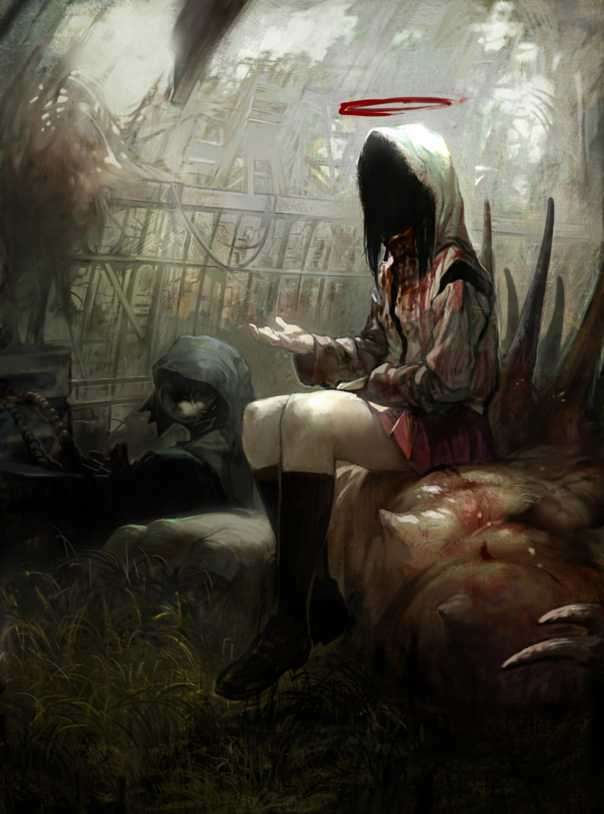 1girl album_cover black_hair black_socks blood cover female_focus grass halo highres hood hoodie kneehighs legs long_hair monster original shoes sitting skirt socks solo spikes takeyuki15