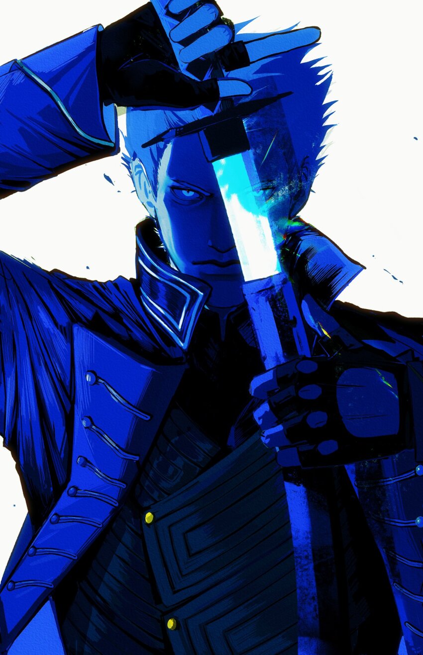 1boy 789niceee arm_up blue_eyes closed_mouth coat collared_coat commentary devil_may_cry_(series) devil_may_cry_5 fingerless_gloves glove_cutout gloves glowing glowing_eyes hashtag-only_commentary highres holding holding_sword holding_weapon katana lapels looking_at_viewer male_focus monochrome popped_collar simple_background solo sword upper_body vergil_(devil_may_cry) weapon white_background yamato_(sword)