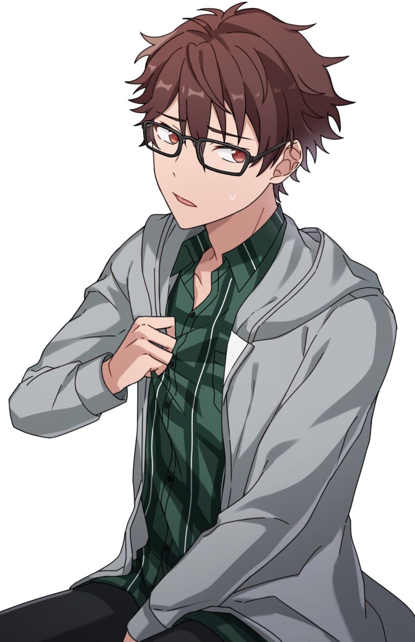 1boy black-framed_eyewear brown_eyes brown_hair collared_shirt commentary dress_shirt ensemble_stars! glasses grey_jacket hand_up highres hood hood_down hooded_jacket jacket long_sleeves male_focus morisawa_chiaki my_(highper27) open_clothes open_jacket open_mouth shirt short_hair sideways_glance simple_background solo white_background