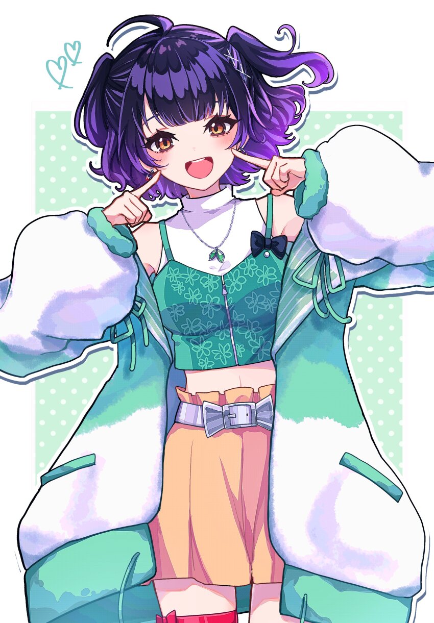 1girl :d absurdres ahoge aqua_jacket aqua_ribbon aqua_shirt belt belt_buckle black_bow blunt_bangs blush bow buckle cherry_earrings commentary_request cowboy_shot crop_top double-parted_bangs earrings eyelashes fingers_to_cheeks floating_hair food-themed_earrings food_themed_earrings fur_jacket green_background hair_ornament hands_up heart highres index_fingers_raised jacket jewelry long_sleeves looking_at_viewer moemoebi multicolored_jacket nanase_suzuna nanase_suzuna_(2nd_costume) necklace nijisanji off_shoulder official_alternate_costume open_clothes open_jacket open_mouth orange_eyes orange_skirt outline pleated_skirt polka_dot polka_dot_background puffy_long_sleeves puffy_sleeves purple_hair red_bow ribbon shirt short_hair sidelocks skirt sleeveless sleeveless_shirt smile solo spaghetti_strap standing strap_slip thigh_strap turtleneck two-tone_jacket two_side_up virtual_youtuber wavy_hair white_background white_belt white_jacket white_outline white_shirt x_hair_ornament