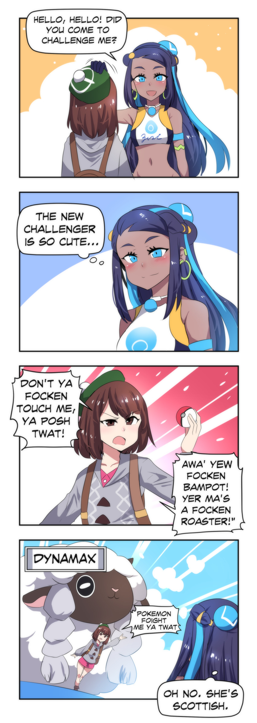 2girls 4koma absurdres arm_up armlet backpack bag bare_shoulders bikini black_hair blue_eyes blue_hair blush bob_cut boots bra breasts brown_eyes brown_footwear brown_hair cardigan collarbone comic crossed_legs dark-skinned_female dark_skin dress dynamax earrings english_text gen_8_pokemon gloria_(pokemon) gloves green_headwear grey_cardigan groin gym_leader hair_bun hat headpat highres holding holding_poke_ball hoop_earrings jewelry long_hair long_sleeves merryweather midriff multicolored_bra multicolored_hair multiple_girls navel necklace nessa_(pokemon) nintendo open_mouth pink_dress poke_ball pokemon pokemon_(creature) pokemon_swsh profanity scottish_english_text scowl sidelocks single_hair_bun smile speech_bubble sportswear standing swimsuit tam_o&#039;_shanter tankini thought_bubble tsurime two-tone_hair underwear v-shaped_eyebrows wooloo