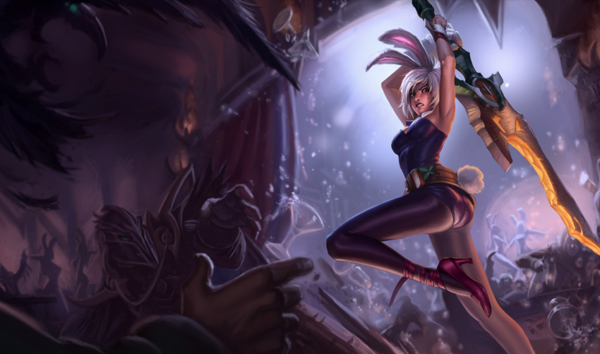 1girl animal_ears armor armpits arms_up ass battle battle_bunny_riven belt bird blush broken broken_glass broken_sword broken_weapon clenched_teeth cocktail_glass crow cup curtains drinking_glass fake_animal_ears glass helmet high_heels holding holding_sword holding_weapon huge_weapon indoors kemonomimi_mode kienan_lafferty knee_up league_of_legends legs leotard lipstick long_legs looking_at_viewer makeup official_art pantyhose parted_lips pink_heels pink_shoes playboy_bunny purple_pantyhose rabbit rabbit_ears rabbit_tail red_lips riven_(league_of_legends) shoes short_hair silhouette silver_hair skin_tight solo_focus stage standing standing_on_one_leg swain_(league_of_legends) swept_bangs sword table tail talon_(league_of_legends) teeth thighs two-handed urgot weapon wrist_cuffs