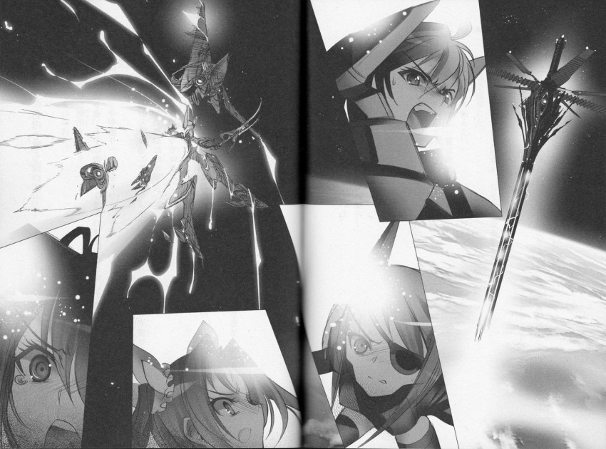 1boy 3girls armor attack bodysuit breasts clenched_teeth eyepatch hair_ribbon highres huang_lingyin imminent_death infinite_stratos laser laura_bodewig legs long_hair mecha monochrome multiple_girls novel_illustration official_art open_mouth orimura_ichika ponytail protecting ribbon robot serious shinonono_houki short_hair small_breasts space surprised tears teeth thighs tongue twintails