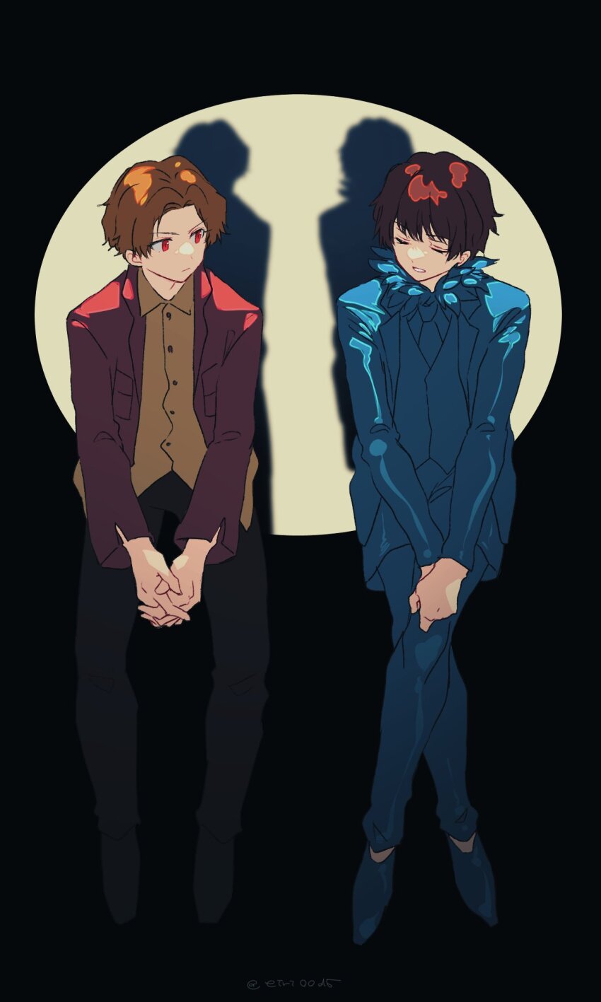 2boys animification avataro_sentai_donbrothers black_pants blue_footwear blue_jacket blue_necktie blue_pants blue_shirt blue_vest brown_hair brown_shirt ebony_nightmare highres index_finger_raised jacket male_focus momoi_taro multiple_boys necktie open_clothes open_jacket pants red_eyes red_jacket shirt sitting sonoi_(donbrothers) spotlight super_sentai vest