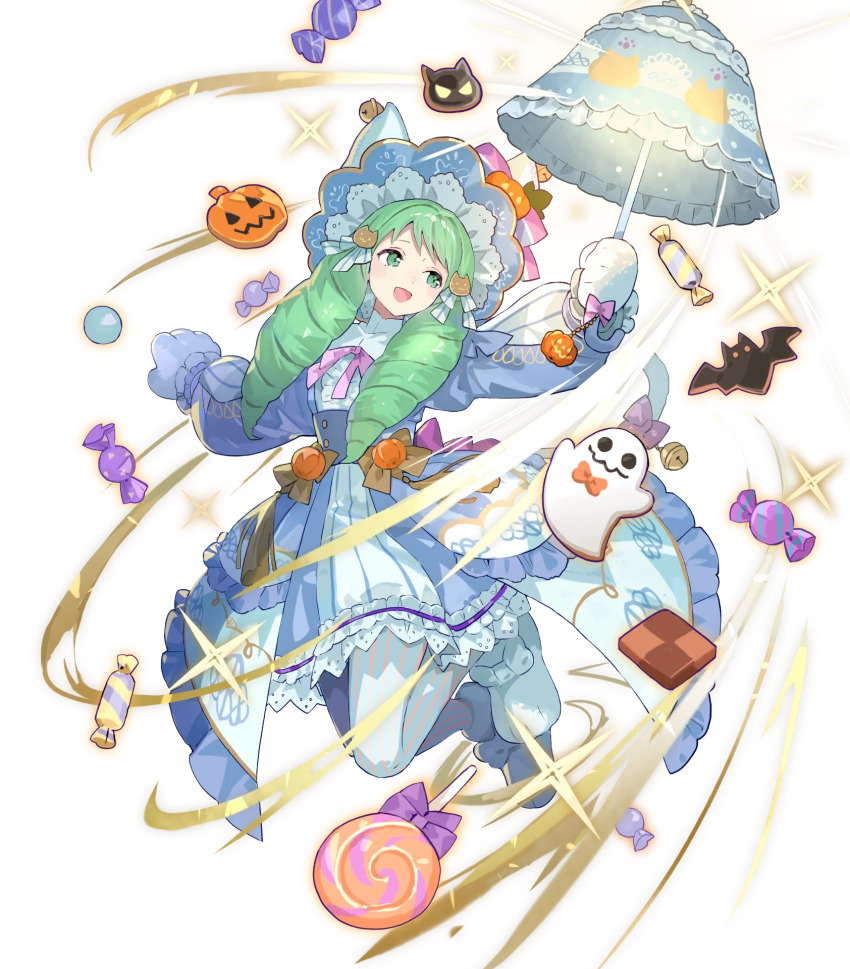 1girl alternate_costume animal_hands bat_(animal) bell candy cat_tail cookie costume detached_sleeves dress drill_hair fake_tail female_focus fire_emblem fire_emblem_heroes flayn_(fire_emblem) flayn_(halloween)_(fire_emblem) food frills full_body ghost gloves glowing green_eyes green_hair hair_ornament halloween halloween_costume hat highres holding holding_umbrella jack-o&#039;-lantern jingle_bell lollipop long_hair long_sleeves matching_hair/eyes nintendo non-web_source official_alternate_costume official_art open_mouth pantyhose paw_gloves paw_shoes pumpkin ribbon short_dress smile sparkle striped tail tobi_(kotetsu) transparent_background umbrella vertical_stripes