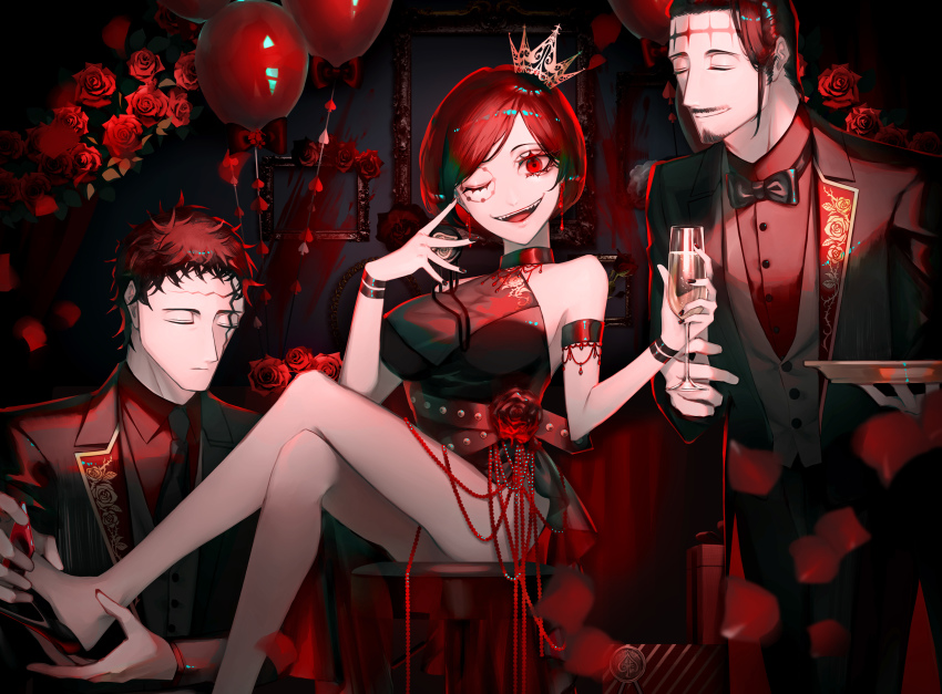 1girl 2boys absurdres armlet black_clover black_hair black_suit bow bowtie cup dante_zogratis drinking_glass english_text formal_clothes gem high_heels highres jewelry multiple_boys picture_frame plate red_eyes red_gemstone red_theme smile stiletto_heels suit traditional_bowtie vanica_zogratis zenon_zogratis