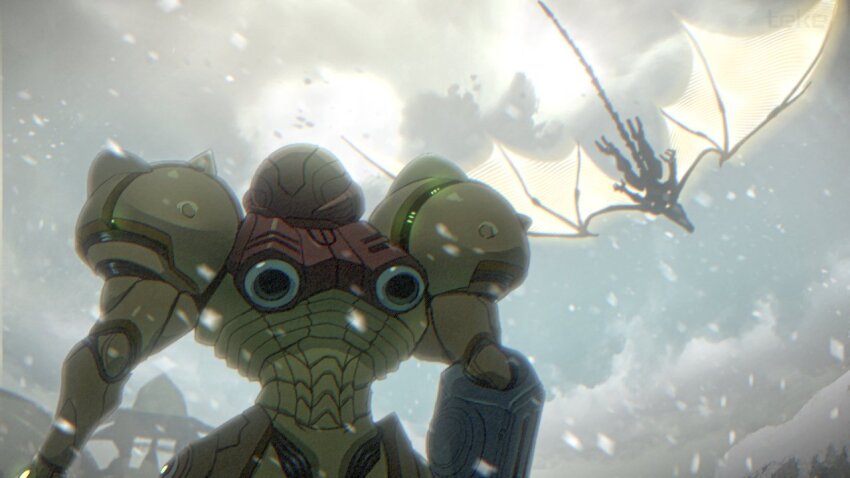 1boy arm_cannon armor bloom cloud cloudy_sky flying from_behind full_armor helmet looking_up meta_ridley metroid metroid_prime metroid_prime_1 nintendo power_armor power_suit_(metroid) ridley samus_aran science_fiction sky snowing teke thrusters varia_suit weapon