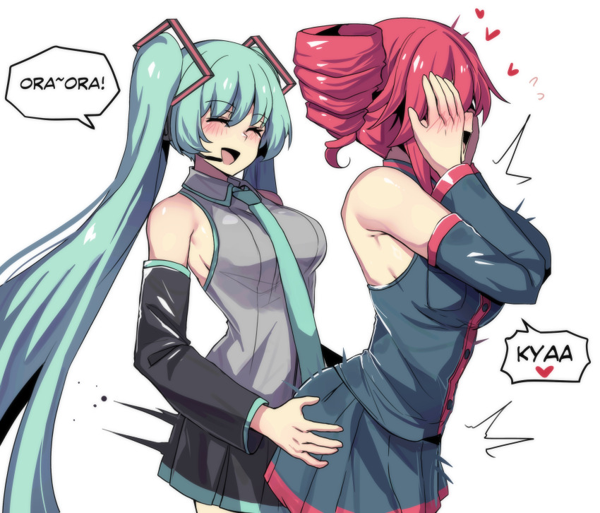 2girls absurdres ahoge aqua_hair aqua_necktie commentary covering_face detached_sleeves drill_hair dry_humping grabbing_another&#039;s_ass grabbing_from_behind grey_shirt groping hair_between_eyes hatsune_miku heart highres hinghoi humping kasane_teto kasane_teto_(utau) long_hair multiple_girls necktie ora_ora_get_pregnant_(meme) pleated_skirt red_hair shirt simple_background skirt sleeveless sleeveless_shirt speech_bubble standing thighhighs twin_drills twintails utau very_long_hair vocaloid white_background yuri