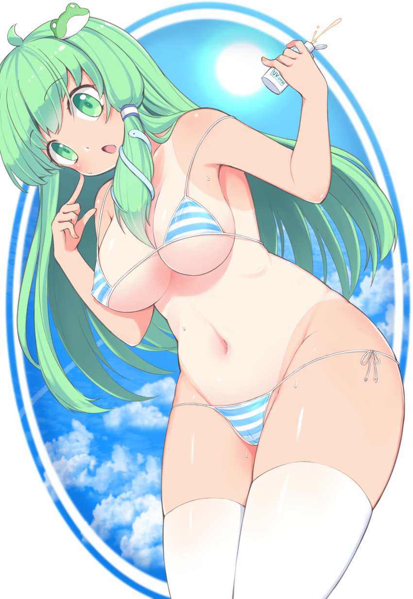 1girl absurdres ahoge bikini blue_sky bottle breasts cloud commentary_request covered_erect_nipples frog_hair_ornament green_eyes green_hair hair_ornament hand_on_own_cheek hand_on_own_face harunoha highres holding holding_bottle kochiya_sanae long_hair looking_at_viewer lotion lotion_bottle navel open_mouth side-tie_bikini_bottom side_ponytail sky snake_hair_ornament solo sun sunscreen sweat swimsuit tan tanline thighhighs touhou white_thighhighs