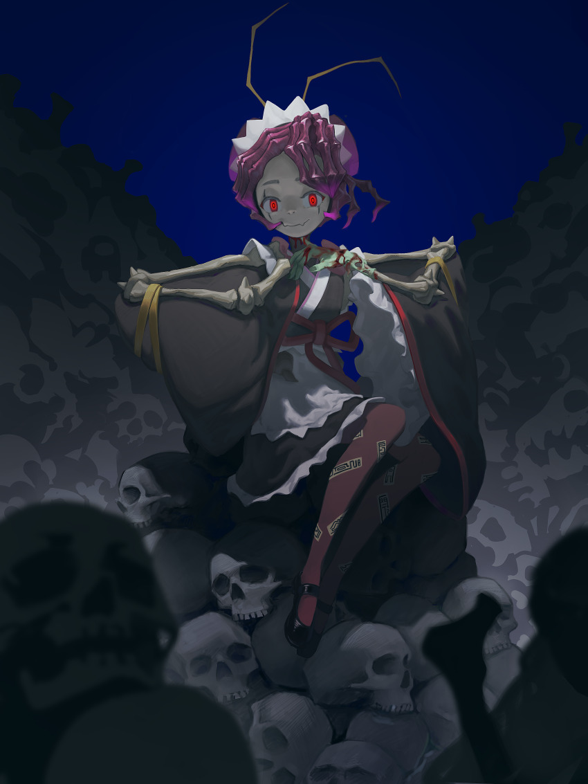 1girl absurdres antennae apron arthropod_girl bkbbkbkk black_shoes blood blood_on_hands blood_on_mask blue_background bone brown_kimono brown_pantyhose closed_mouth commentary double_bun eating english_commentary entoma_vasilissa_zeta fangs hair_bun highres holding_limb japanese_clothes kimono long_sleeves looking_at_viewer maid maid_headdress mary_janes mask monster_girl ofuda ofuda_on_clothes overlord_(maruyama) pantyhose pile_of_skulls purple_hair red_eyes severed_hand shoes short_hair skin_fangs skull sleeves_past_fingers sleeves_past_wrists smile solo white_apron wide_sleeves