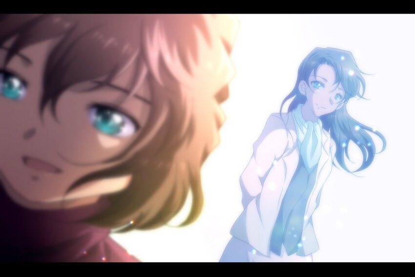 2girls arms_behind_back black_hair blurry brown_coat brown_hair brown_skirt closed_mouth coat depth_of_field dutch_angle flower green_eyes green_scarf haibara_ai letterboxed light_particles long_hair looking_at_another meitantei_conan miyano_akemi multiple_girls open_mouth red_shirt s_n_sb_4869 scarf shirt short_hair skirt smile standing white_background