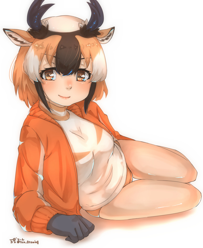 1girl animal_ears arm_support bare_legs black_hair braid brown_eyes brown_hair buruma closed_mouth extra_ears female_focus full_body gloves grey_hair highres horizontal_pupils horns jacket kemono_friends kemono_friends_2 legs_together lips long_sleeves looking_at_viewer lying medium_hair multicolored_hair on_side open_clothes open_jacket pronghorn_(kemono_friends) sexy_satsujin_sliding shirt single_braid skindentation smile solo sportswear thigh_gap thin_(suzuneya) track_jacket turtleneck white_background