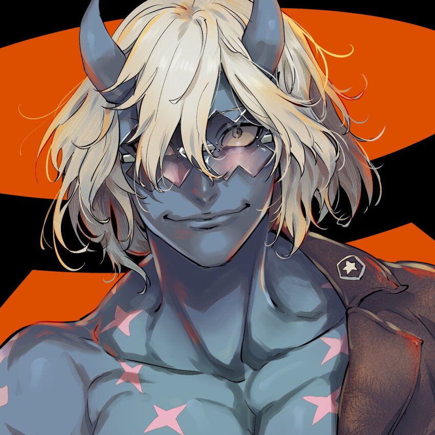 1boy asymmetrical_clothes black_jacket blue_skin chest_tattoo closed_mouth collarbone colored_skin commentary_request eyes_visible_through_eyewear glasses grey_eyes guilty_gear guilty_gear_strive hair_between_eyes hair_over_one_eye happy_chaos highres horns jacket kin_mokusei lapels male_focus multiple_tattoos one_eye_covered pectoral_cleavage pectorals rimless_eyewear shoulder_tattoo smile solo tattoo upper_body white_hair x-shaped_eyewear