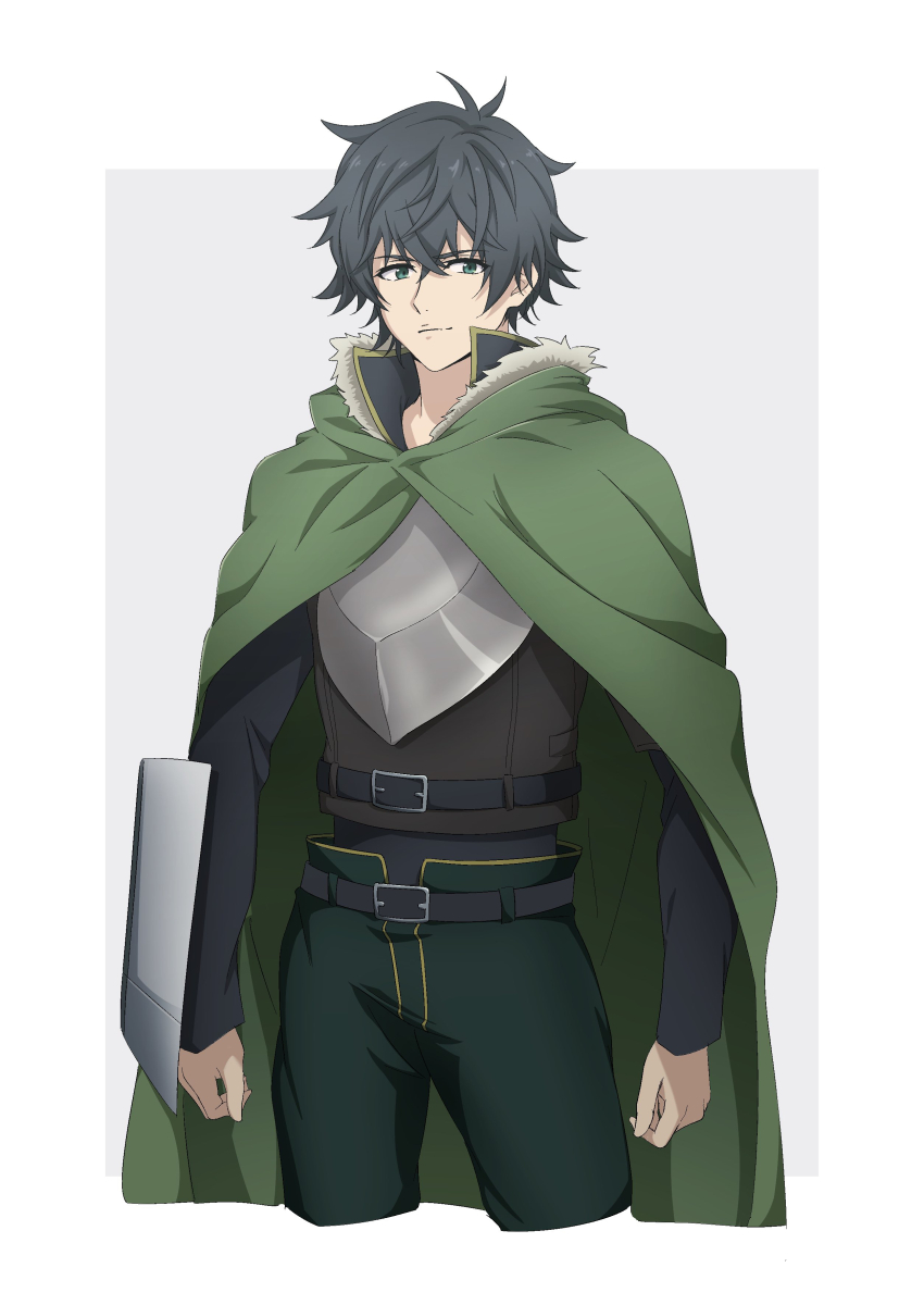 1boy absurdres arm_shield armor belt black_belt black_hair black_shirt border breastplate brown_shirt cloak closed_mouth commentary_request cowboy_shot cropped_legs fur-trimmed_cloak fur_trim green_cloak green_eyes green_pants grey_background high_collar highres hood hood_down hooded_cloak iwatani_naofumi layered_shirt light_smile long_sleeves male_focus messy_hair nishizuki_shino outside_border pants shirt short_hair simple_background solo standing tate_no_yuusha_no_nariagari white_border